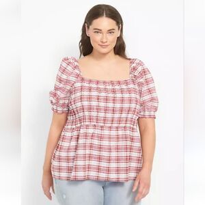 Fitted Square-Neck Peplum Top With Smocked Bodice Size 18W